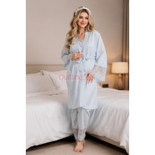 Quilling Mavi Renkli, Derin Patlı, Dantel Detaylı 33002 Sabahlıklı 3lü Lohusa Hamile Pijama Takımı