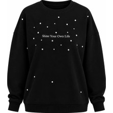 Zelish My Sister Siyah Shine Baskılı Taşlı Bisiklet Yaka Sweatshirt