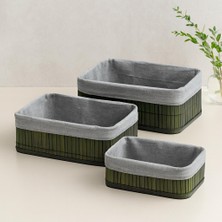 Bambu Kenarlı Ahşap Altlıklı Organizer Sepet - 3 Boy Dikdörtgen