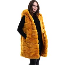 Fantastik Store Kadın Kapüşonlu Peluş Kürk Yelek Premium Kalite Tam Astarlı Uzun Model - Sarı
