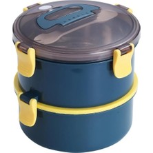 Aesco Vagonlife Bento 1600ML Yuvarlak Lunchbox Çift Katlı Çelik Sefer Tası Yemek Kutusu (Lacivert)