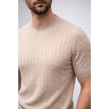 Fantastik Store Erkek Yazlık Triko Dokuma Tişört Kısa Kol Bisiklet Yaka Örgü Desenli T-Shirt - Bej
