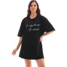 Fantastik Store Kadın Kısa Kol Yazlık Tişört Bisiklet Yaka Baskılı Oversize T-Shirt - Siyah