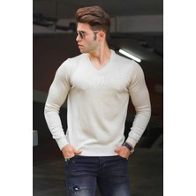 Fantastik Store Erkek V Yaka Kazak Uzun Kol Düz Dokuma Triko - Krem