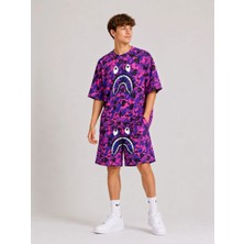Fantastik Store Erkek Çocuk Oversize Kalıp Pubg Bape x Shark Nakışlı Cepli Şort Takım - Mor