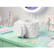 Cotton Soft 3D Baskı Kabartma Kalp Desenli Kapaklı Kalemlik - Masaüstü Organizer - Beyaz