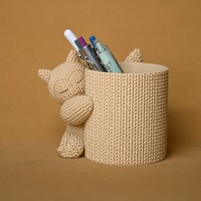 Ulu Pazarlama 3D Baskı Knitted Kalemlik - Sevimli Karakterli Masaüstü Kalem Organizeri-Bej