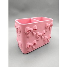 Cotton Soft 3D Baskı Fiyonk Desenli Bölmeli Kalemlik - Masaüstü Organizer - Pembe