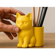 Cotton Soft 3D Baskı Kedi Figürlü Kalemlik - Masaüstü Organizer - Sarı