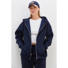 FullaModa 3 Iplik Basic Fermuarlı Kapüşonlu Oversize Sweatshirt