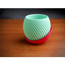 Bezos 3D Baskı Küre Saksı - Kafes Dokulu Iki Parçalı Dekoratif Saksı - Mint-Kırmızı