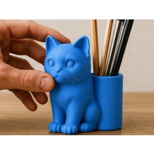 Bezos 3D Baskı Kedi Figürlü Kalemlik - Masaüstü Organizer - Mavi