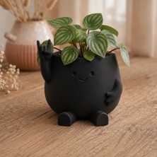 Bezos 3D Baskı Smiley Face Planter - Gülümseyen Karakterli Saksı-Siyah