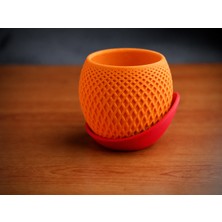 Bezos 3D Baskı Küre Saksı - Kafes Dokulu Iki Parçalı Dekoratif Saksı - Turuncu-Kırmızı