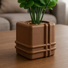 Bezos 3D Baskı Square Planter - Izgara Desenli Küp Saksı-Kahverengi