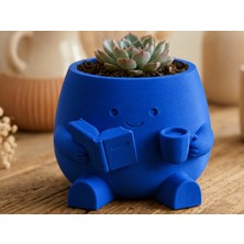 Bezos 3D Baskı Kitap Okuyan Saksı - Kupa Tutan Sevimli Saksı-Mavi