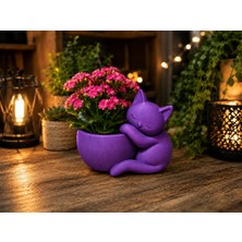 Bezos 3D Baskı Sarılan Kedi Saksı - Sevimli Dekoratif Saksı - Mor
