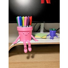 Belirtilmemiş 3D Baskı Hareketli Gülen Kalemlik - Eklemli Masaüstü Organizer - Pembe