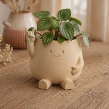 Bezos 3D Baskı Smiley Face Planter - Gülümseyen Karakterli Saksı-Bej