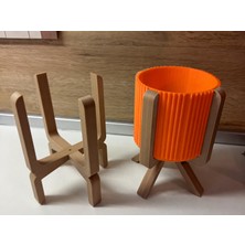 Bezos 3D Baskı Ayaklı Çizgili Saksı - Bej Standlı Dekoratif Saksı - Turuncu