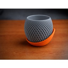 Bezos 3D Baskı Küre Saksı - Kafes Dokulu Iki Parçalı Dekoratif Saksı - Gri-Turuncu