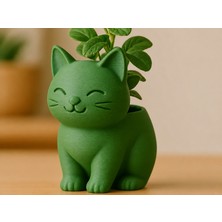 Bezos 3D Baskı Sevimli Kedi Saksı - Figürlü Sukulent Saksısı-Yeşil