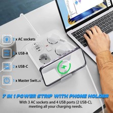 Akıllı Bayi Akım Korumalı Anahtarlı Priz - 3x Priz - 2x USB - 2x Type-C - 2 mt Kablo Hızlı Şarj Özellikli Siyah