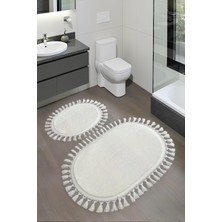 Modern Simirna Dekoratif Peluş Oval Ponpon Saçaklı Klozet Takımı Beyaz