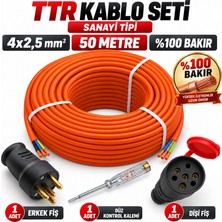 Badem10 Sanayi Tipi 4x2,5 Ttr Kablo 50 Metre %100 Bakır Erkek Dişi Fiş Düz Kontrol Kalemi Seyyar Seti