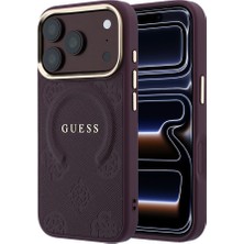 iPhone 18 Pro Max Kılıf Guess Lisanslı M-Safeli Baskılı Yazı Logolu C-Magnet Pu Peony Kapak Bordo