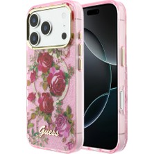 iPhone 18 Pro Uyumlu Kılıf Guess Lisanslı M-Safeli Gül Desenli Simli Yazı Logolu Kapak Pembe