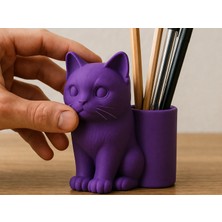 Bezos 3D Baskı Kedi Figürlü Kalemlik - Masaüstü Organizer - Mor