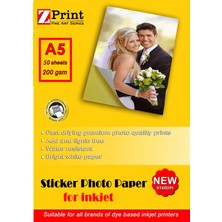 Zprint Yapışkanlı Sticker Fotoğraf Kağıdı A5 50 Yaprak 200 Gram Parlak Yüzey ile Suya Dayanıklı