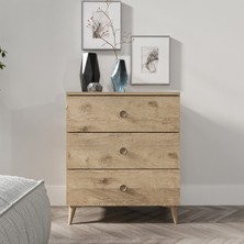 Kzn Home Gardenya 3 Çekmeceli Meşe Şifonyer MDF 82 cm Yükseklik 68 cm Genişlik