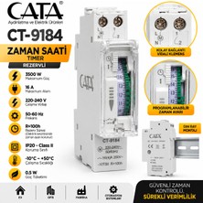Cata CT-9184 Rezervli Mekanik Zaman Saati 16A 3500W Dın Ray Tipi 220-240V Timer