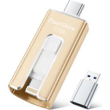 Sudeho Mfi USB Bellek 512 GB iPhone Için, 3'ü 1 Arada Lightning ve Usb-C Çubuk, Altın