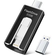 Sudeho Mfi USB Stick 512GB iPhone Için, 3'ü 1 Arada Usb-C Hafıza Çubuğu, Siyah