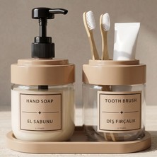 LE Paris 2’li Cam Sıvı Sabunluk ve Diş Fırçalık | Standlı Cam Banyo Organizer Seti 2’li | 425 ml x 2