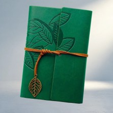 Birsence Şık Yeşil Deri Kapaklı Defter Yaprak Deseni ile