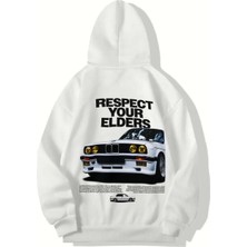 Brz Collection Unisex Oversize Respect Your Elders Bmw Hoodie (Beyaz)