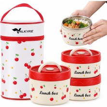 Valkyrie 3 Katlı Paslanmaz Çelik Kirazlı Yemek Termosu Lunch Box 1390 ml Taşıma Çantalı Isı Yalıtımlı
