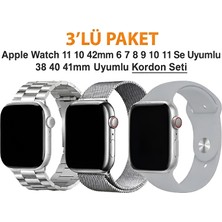 Dexmon Apple Watch 12 11 10 42mm 6 7 8 9 Se Uyumlu 38 40 41mm Uyumlu 3' Lü Silikon + Metal Kordon Set