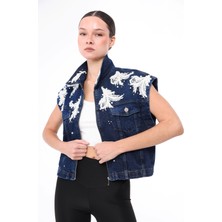 İnci Türkay Kadın Tasarım Denim Yelek Pech Dantel Işleme Detaylı Mavi Oversize Kalıp Bomber Yelek
