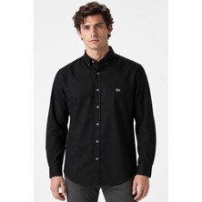 Lacoste Mens Slim Fit Black Shirt Dar Kesim Pamuklu Erkek Gömlek Siyah