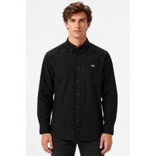 Lacoste Mens Slim Fit Black Shirt Dar Kesim Pamuklu Erkek Gömlek Siyah
