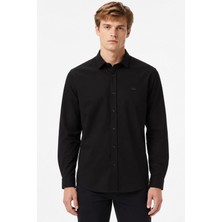 Lacoste Mens Slim Fit Black Cotton Shirt Dar Kesim Pamuklu Erkek Gömlek Siyah
