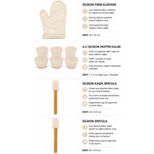 Siliconly 4 Parça %100 Silikon Mutfak Seti -Silikon Ahşap Saplı Kaşık Spatula+Silikon Ahşap Saplı Spatula+Silikon Fırın Eldiveni+Silikon 6'lı Muffin Kek Kalıbı-Ekru