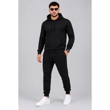 Erkek Iki Iplik Kapüşonlu Kanguru Cepli Sweatshirt Jogger Pantolon Alt Üst Eşofman Takımı -Siyah