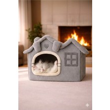 Peluş Kapalı Kedi Evi, Minderli, Katlanabilir, L Boy 44X34X42