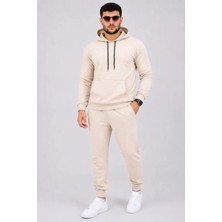 Erkek Iki Iplik Kapüşonlu Kanguru Cepli Sweatshirt Jogger Pantolon Alt Üst Eşofman Takımı -Bej
